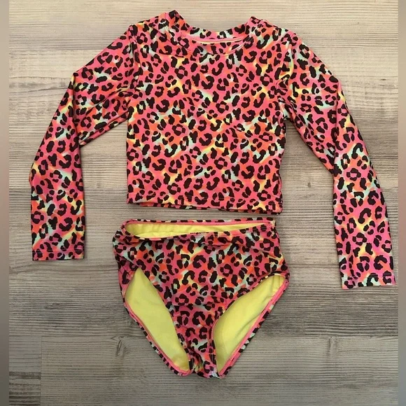 Leopard Print Kids Longsleeve Uv protective 2 pc swim suit - Picture 1 of 4